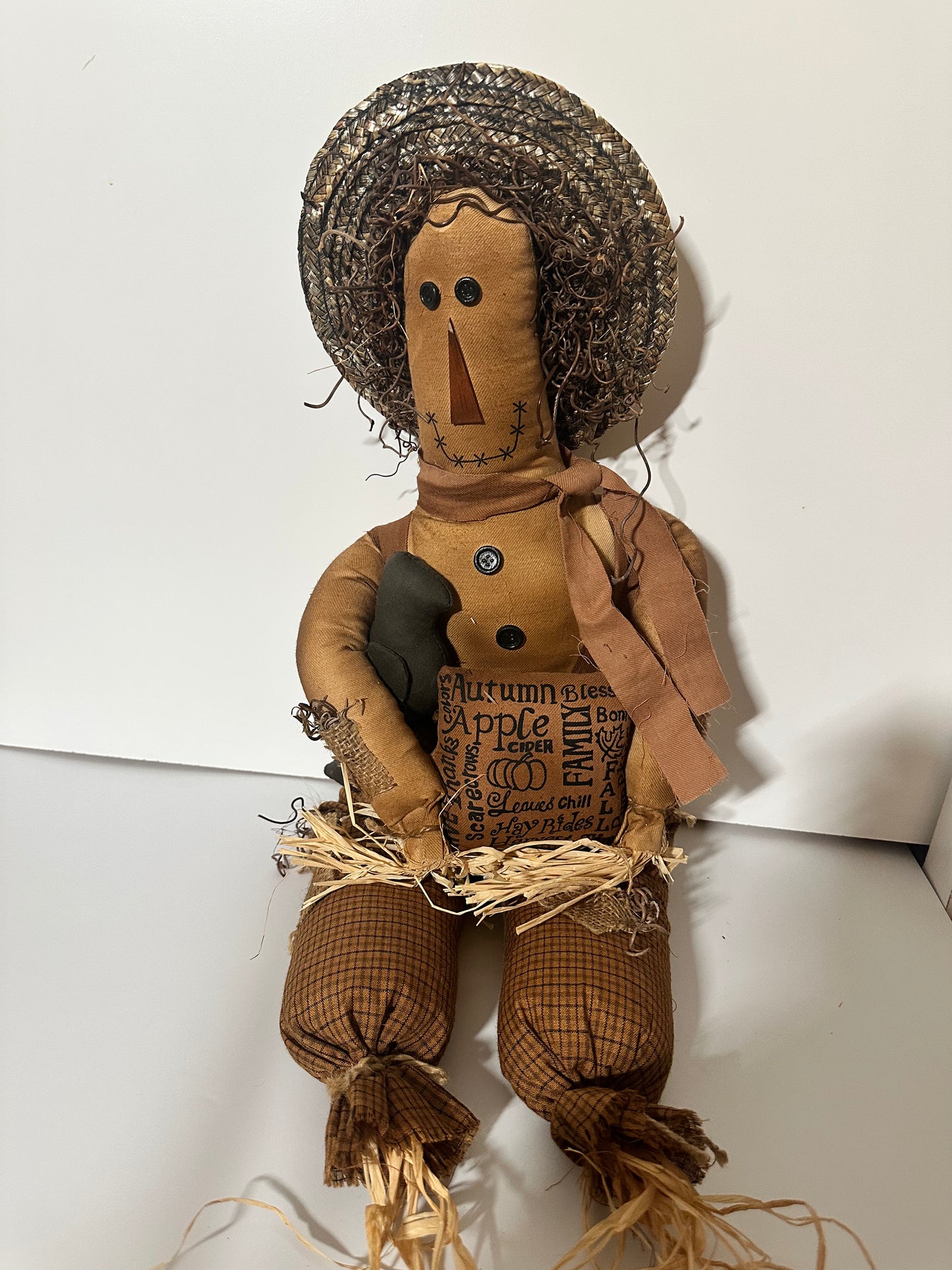 Primitive Scarecrow Holding Crow, 27"