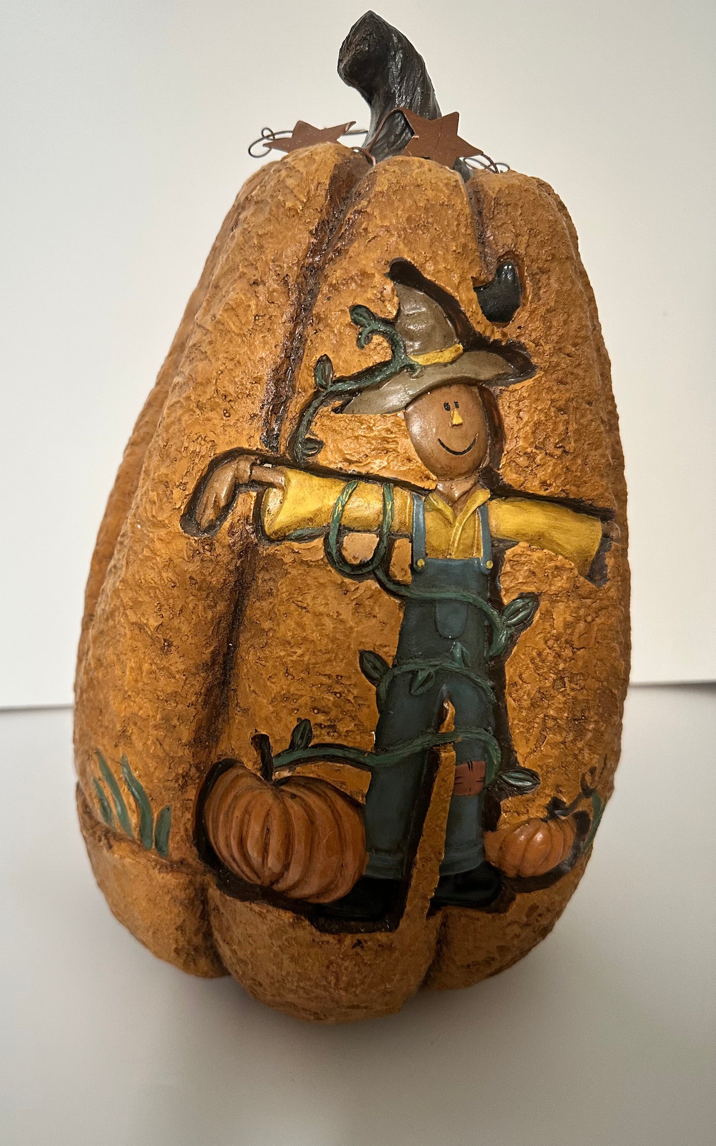 Large Ceramic Pumpkin with Engraved Scarecrow, Metal Stars, 12"H