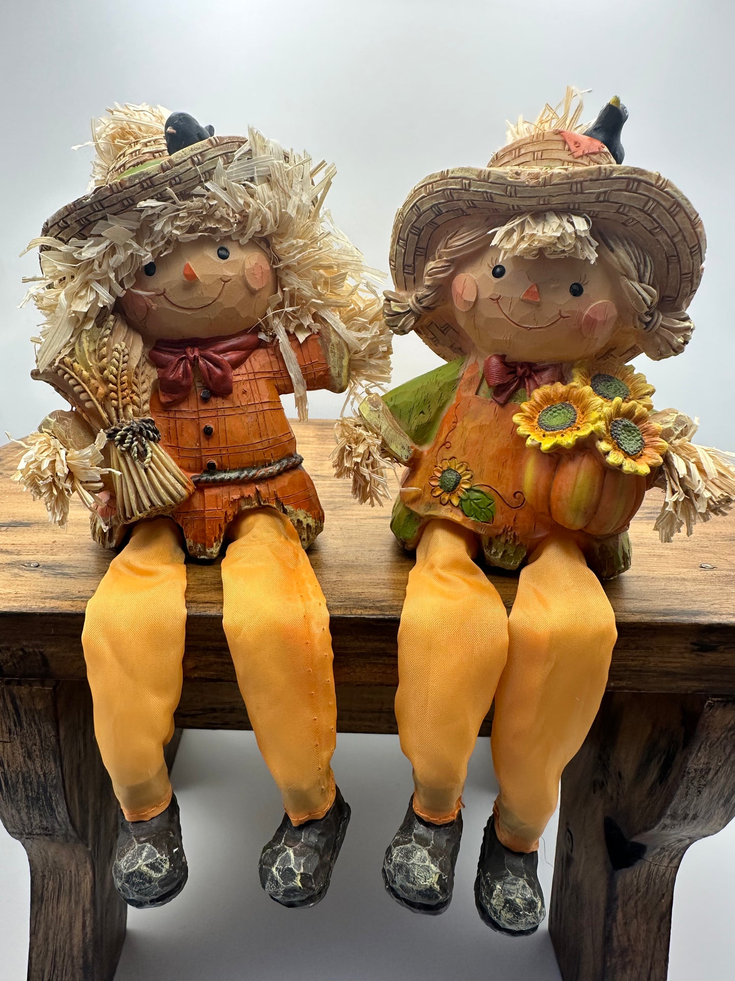 Scarecrow Shelf Sitter, With Pumpkin and Sunflowers, Girl Resin Figurine