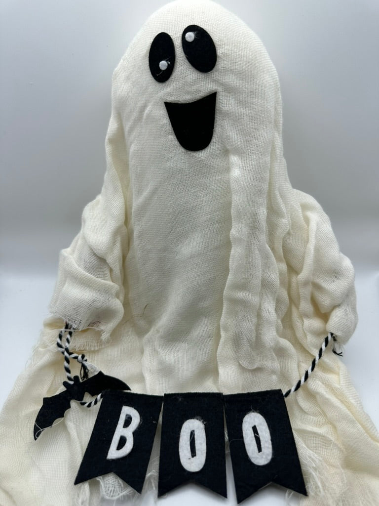 Ghost Plush Holding a BOO Banner
