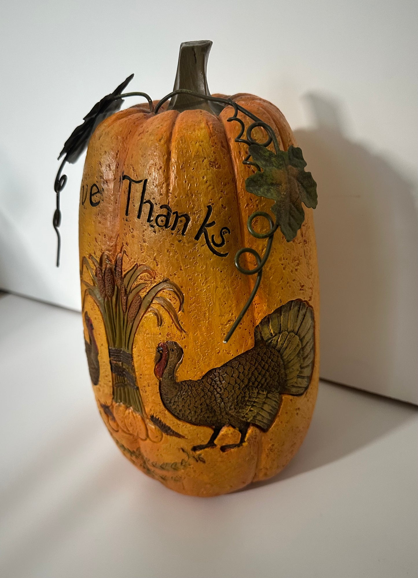 Large Cermaic Pumpkin with Engraved Turkeys and Wheat, Thanksgiving