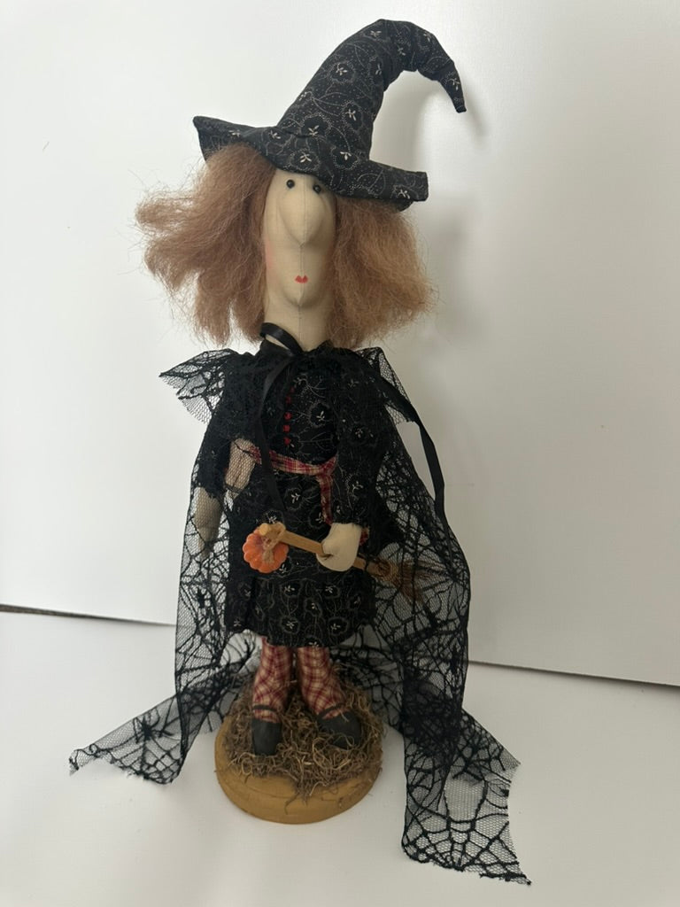 Primitive Style Plush Witch Doll on Wooden Display Stand, 19"H, Lace Black Cape