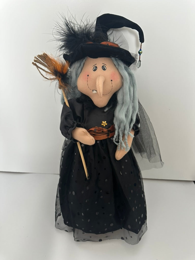 Vintage Stuffed Halloween Witch Doll, Black Polka Dot Dress