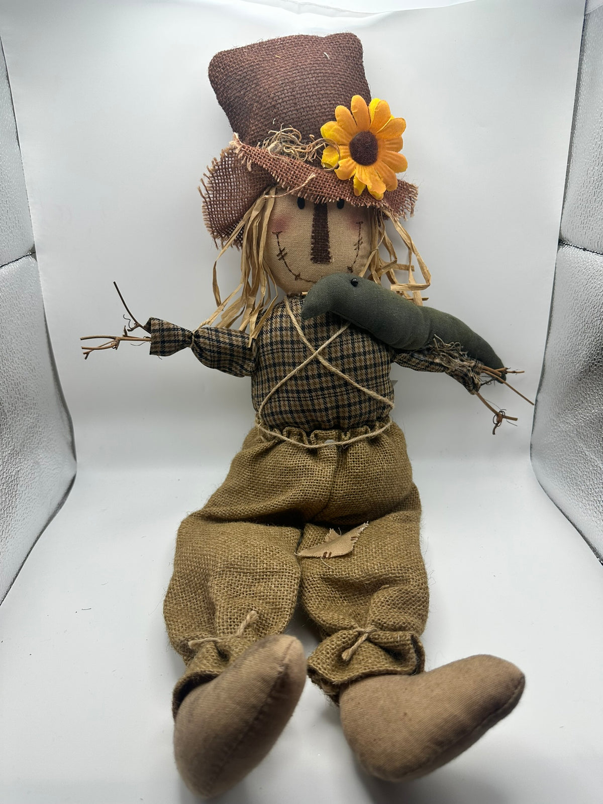 Scarecrow with Crow, Stick Arms, Sunflower Hat, Burlap Pants