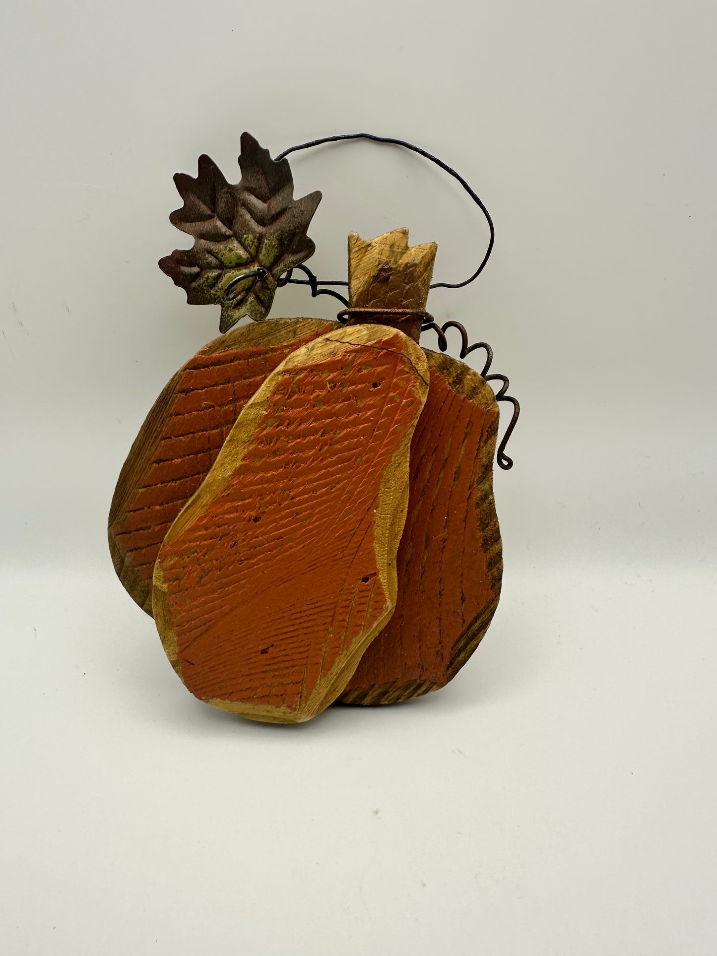 Handcrafted Wooden Pumpkin Wall Ornament, Metal Leaf and Hanger