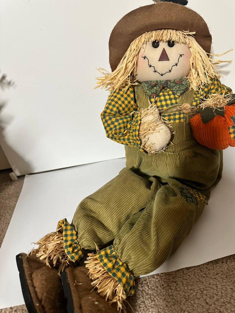 Long Sitting Scarecrow, Corduroy and Pumpkin, Havest, 32" Overall Length