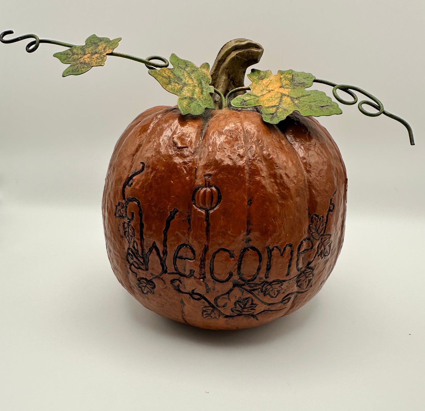 Welcome Ceramic Pumpkin with Metal Leaves and Vine