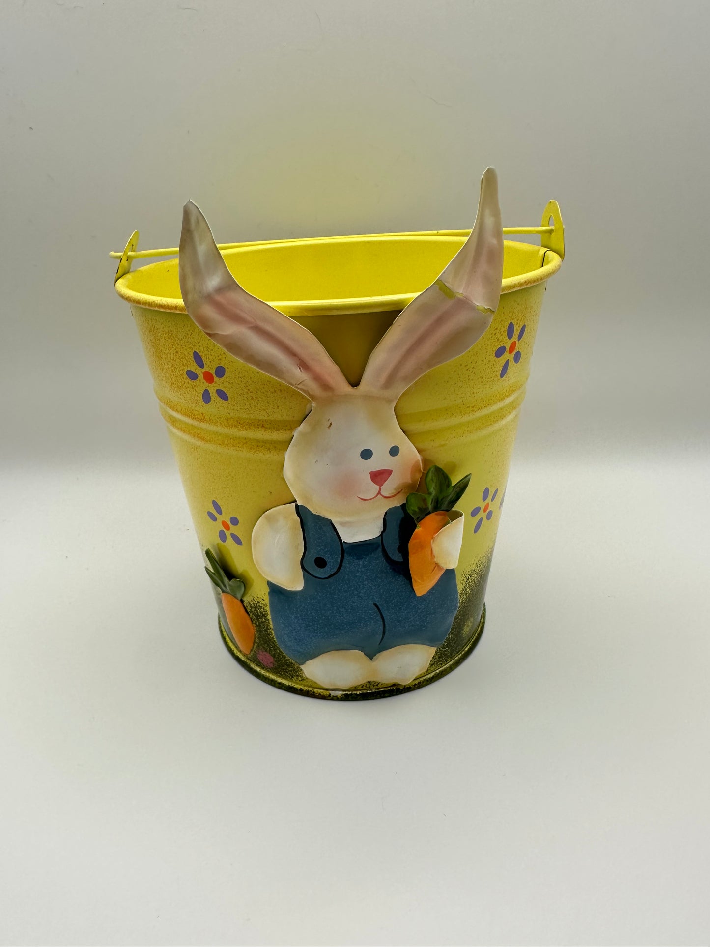 Yellow Metal Easter Bucket with Rabbit