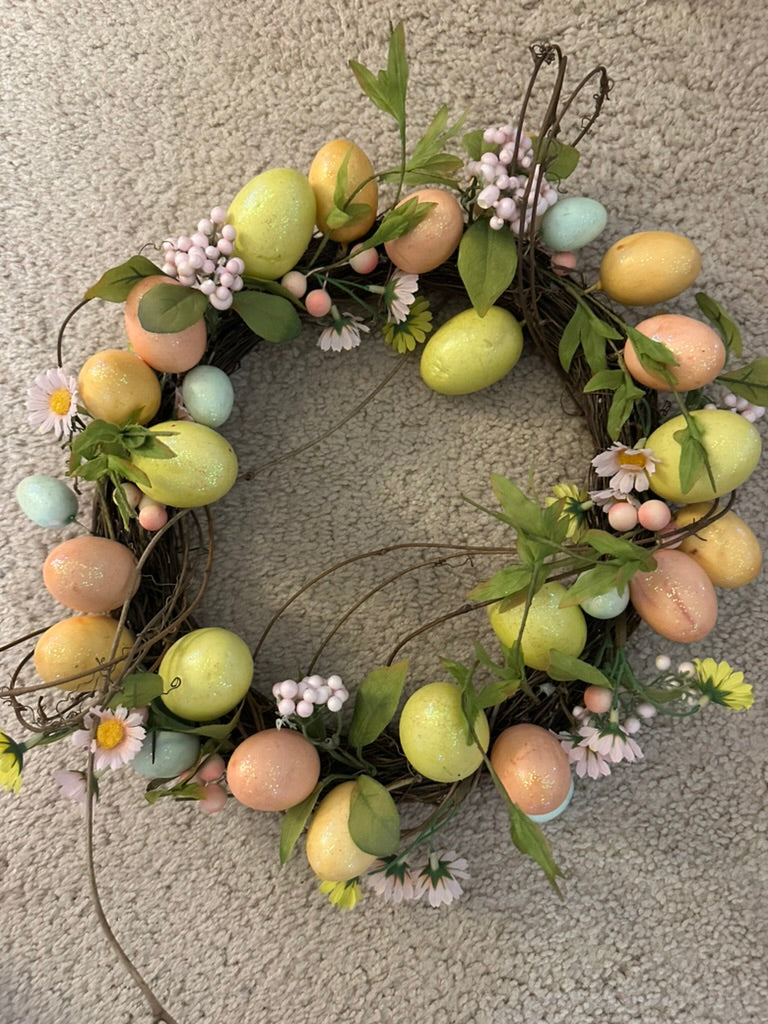 Spring, Easter Grapevine Wreath with Pastel Eggs