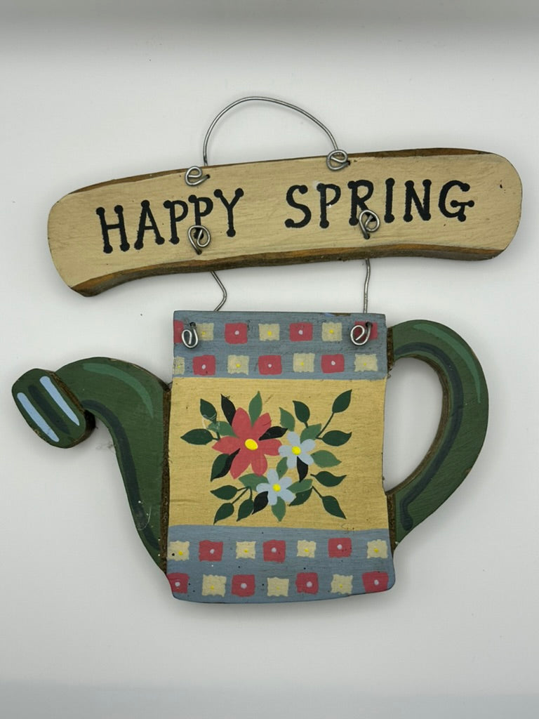 "Happy Spring" Wooden Sign with Watering Can
