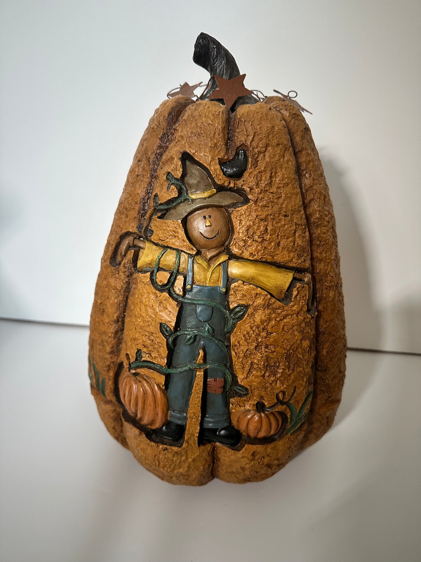 Large Ceramic Pumpkin with Engraved Scarecrow, Metal Stars, 12"H