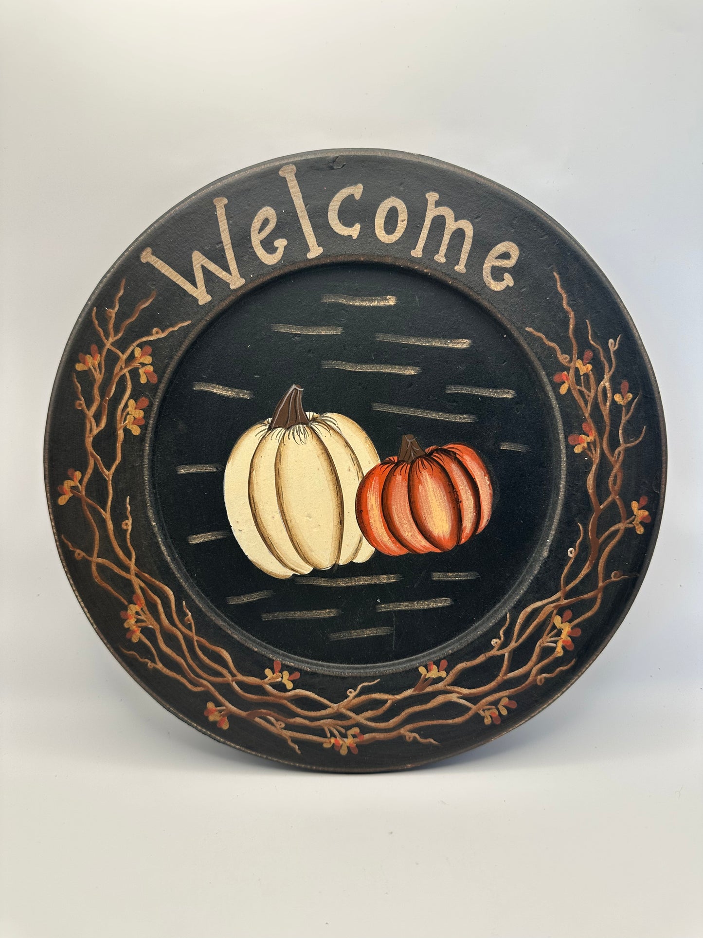 Primitive Welcome Autumn Plate with Pumpklins, 9.5"
