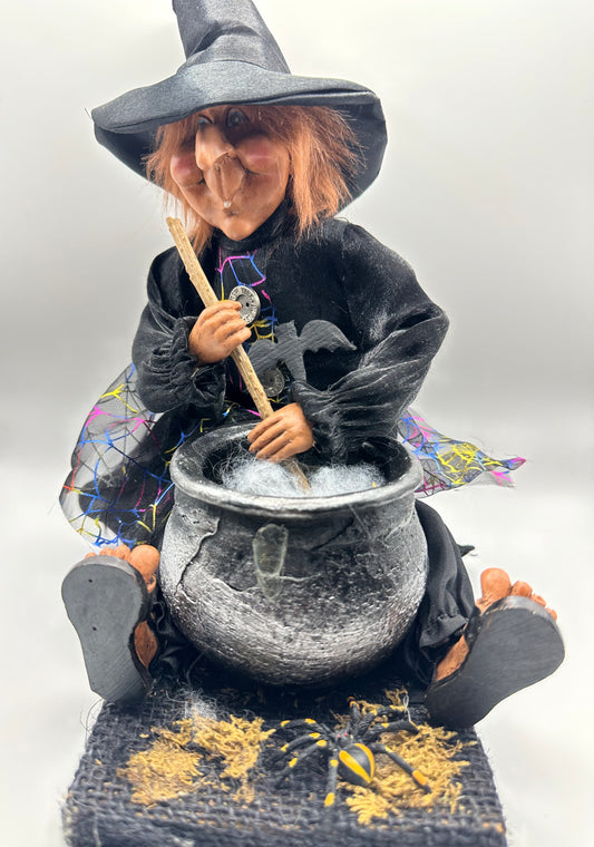 Vintage Witch Sitting with Cauldron, Display Decor