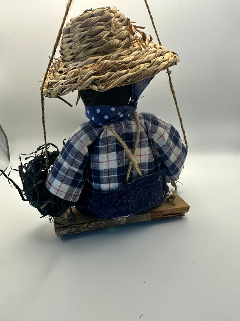 Primitive Black Crow on Wooden Swing, Paper Mache Crow, Split Log Swing