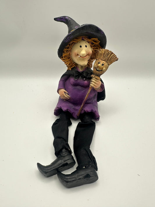 Witch Shelf Sitter with Broom, Purple