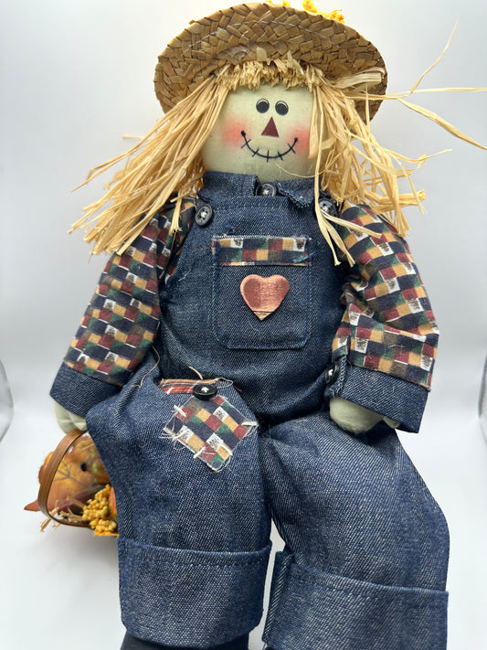 Scarecrow with Strawhat, Basket, and Denim Overalls