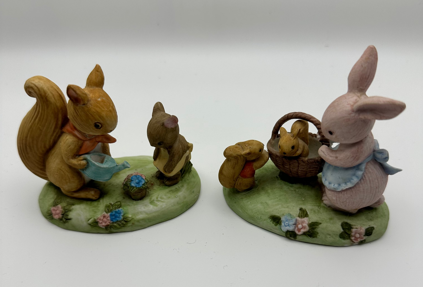 Squirrels Watering Flowers Hand Painted Figurine