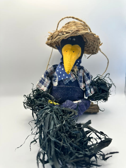 Primitive Black Crow on Wooden Swing, Paper Mache Crow, Split Log Swing
