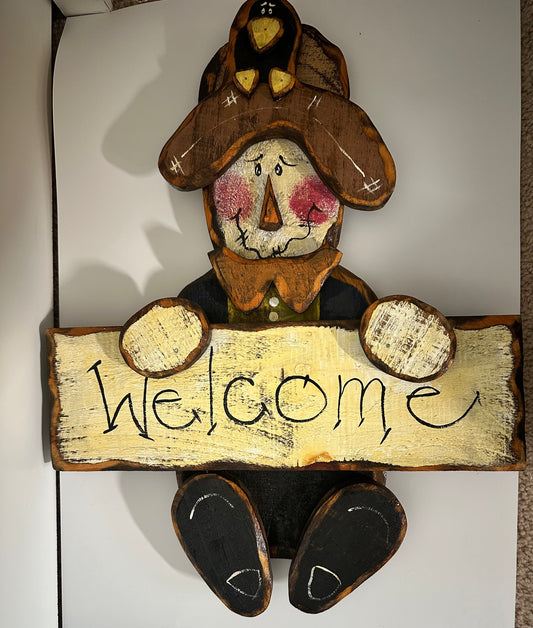 Scarecrow Welcome Sign, Rustic. Wooden, Lacquered
