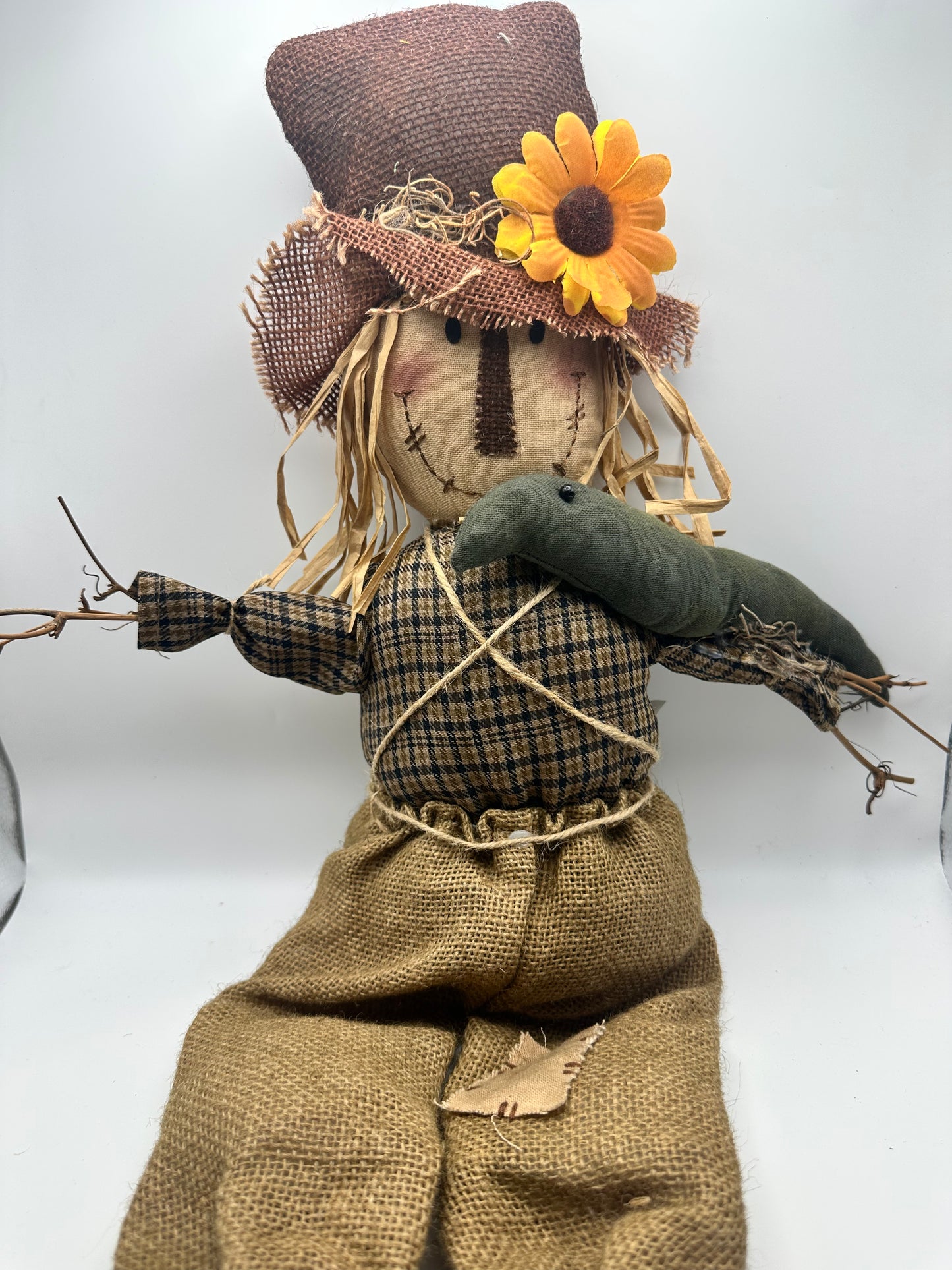 Scarecrow with Crow, Stick Arms, Sunflower Hat, Burlap Pants