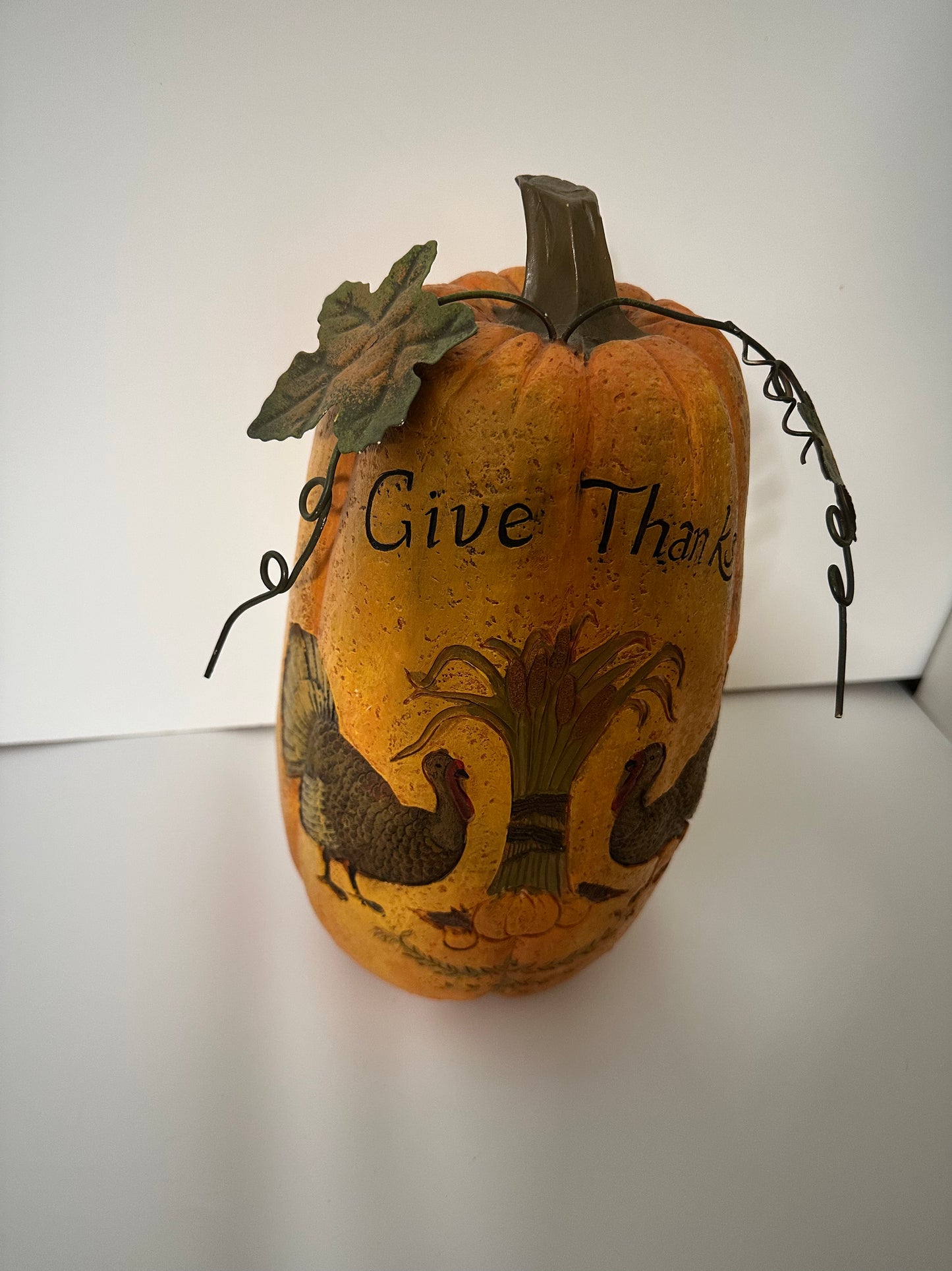 Large Cermaic Pumpkin with Engraved Turkeys and Wheat, Thanksgiving