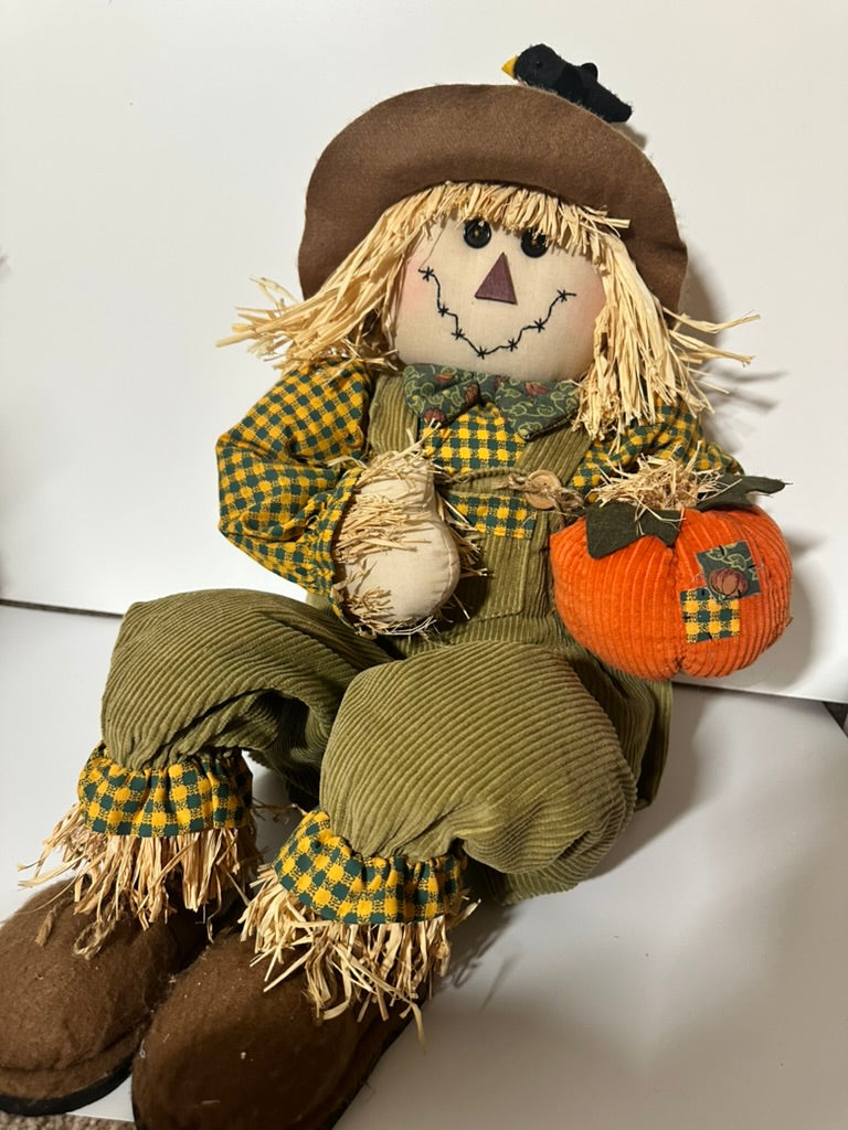 Long Sitting Scarecrow, Corduroy and Pumpkin, Havest, 32" Overall Length