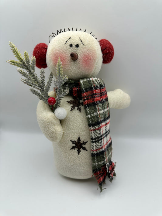 Vintage Country Snowman Christmas Decor, Plaid Scarf and Snowflake Buttons