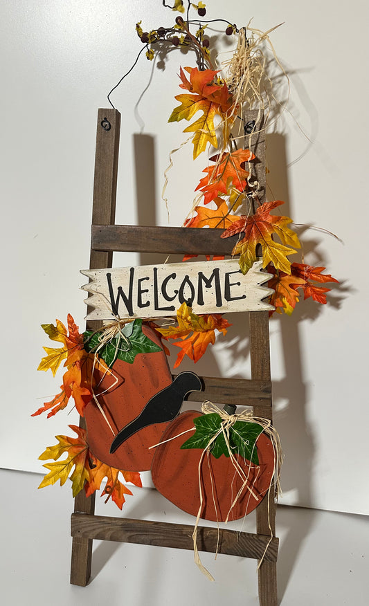 Fall Welcome Ladder Sign, Crow and Pumpkins, Rustic