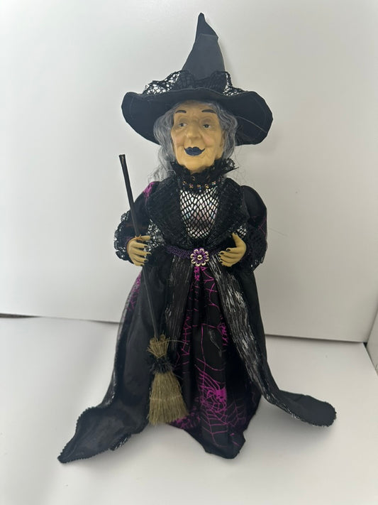 Witch with Purple and Silver Spider Dress, Broom and Grey Wavy Hair
