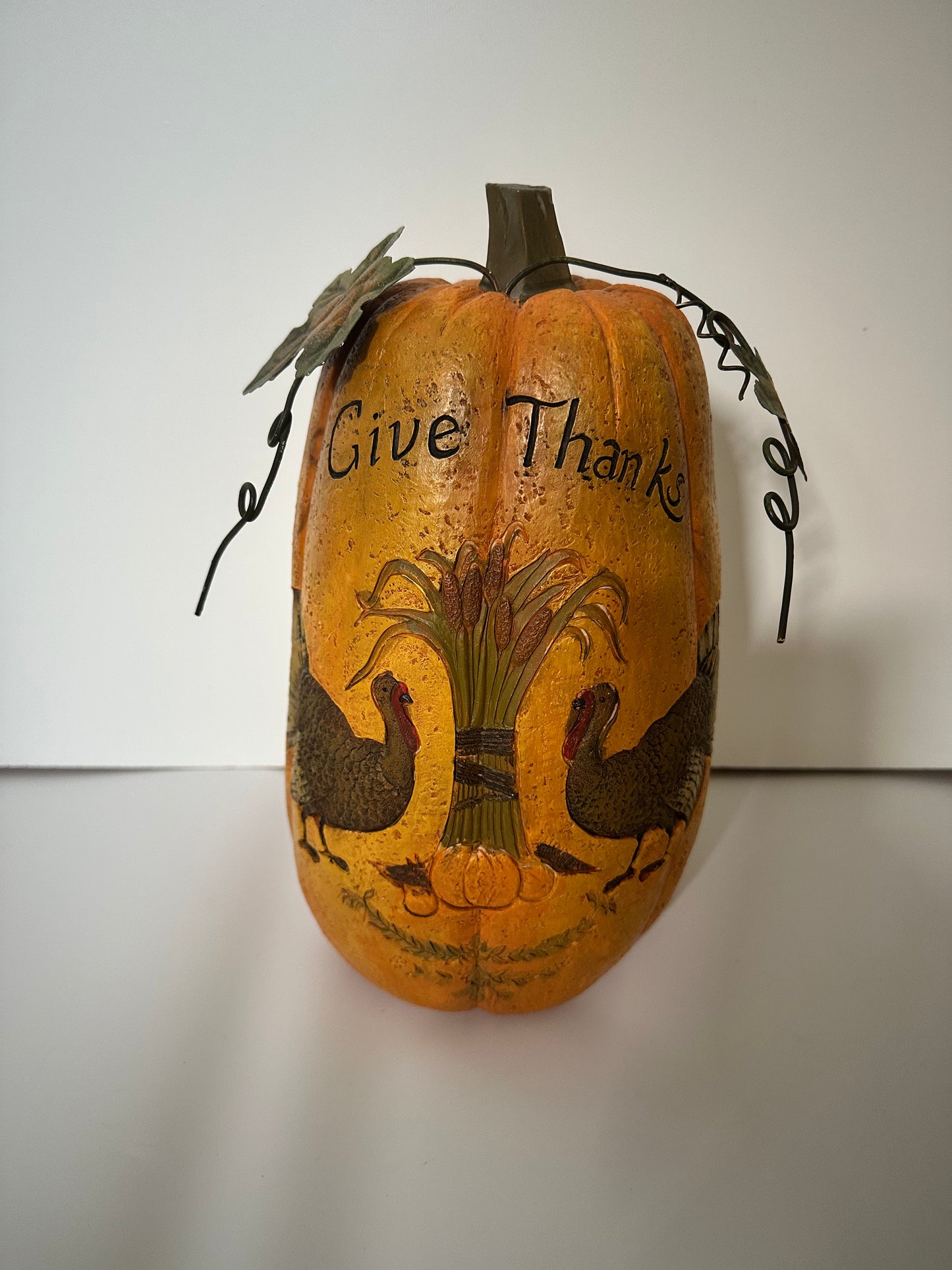 Large Cermaic Pumpkin with Engraved Turkeys and Wheat, Thanksgiving
