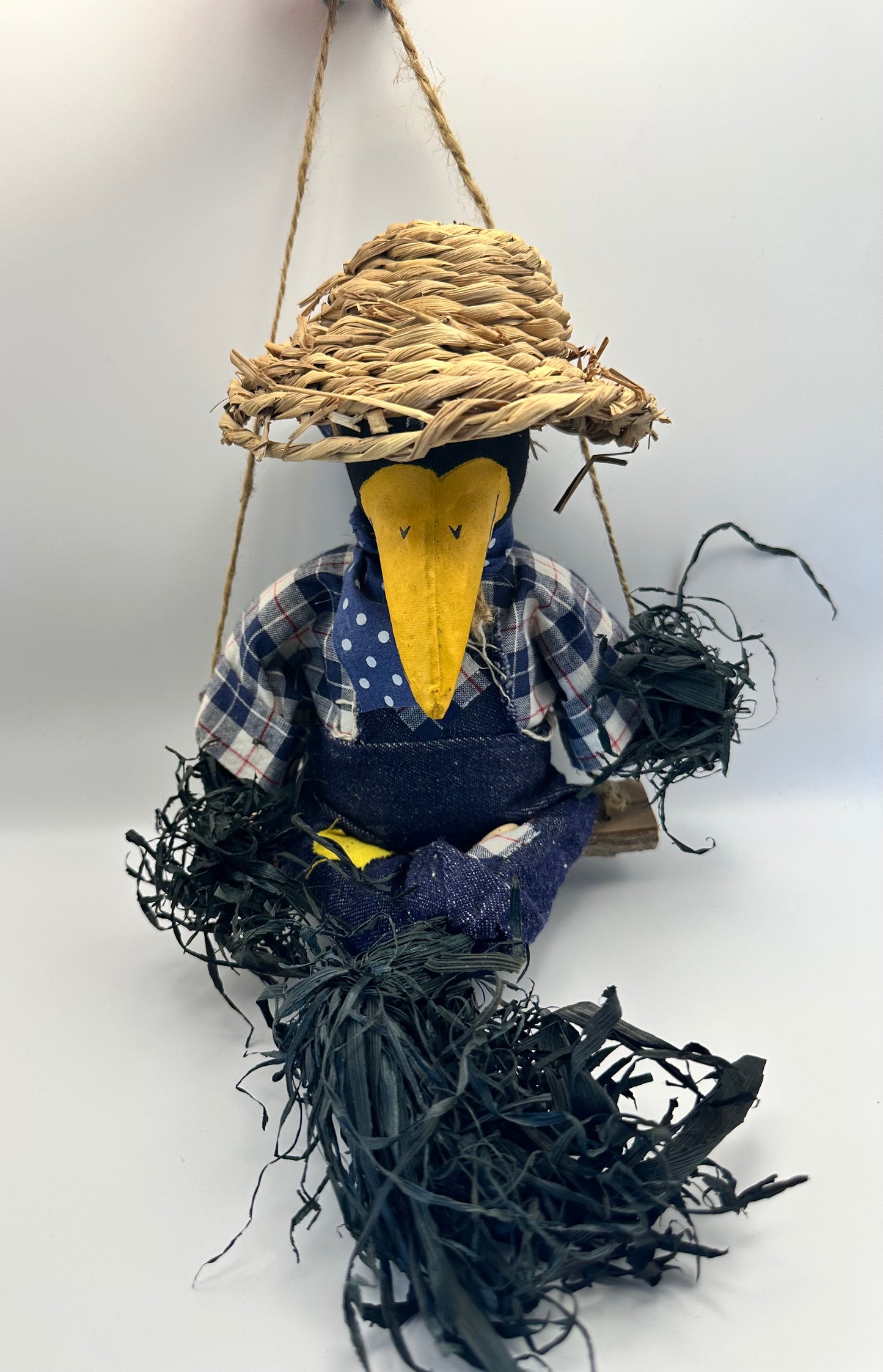 Primitive Black Crow on Wooden Swing, Paper Mache Crow, Split Log Swing