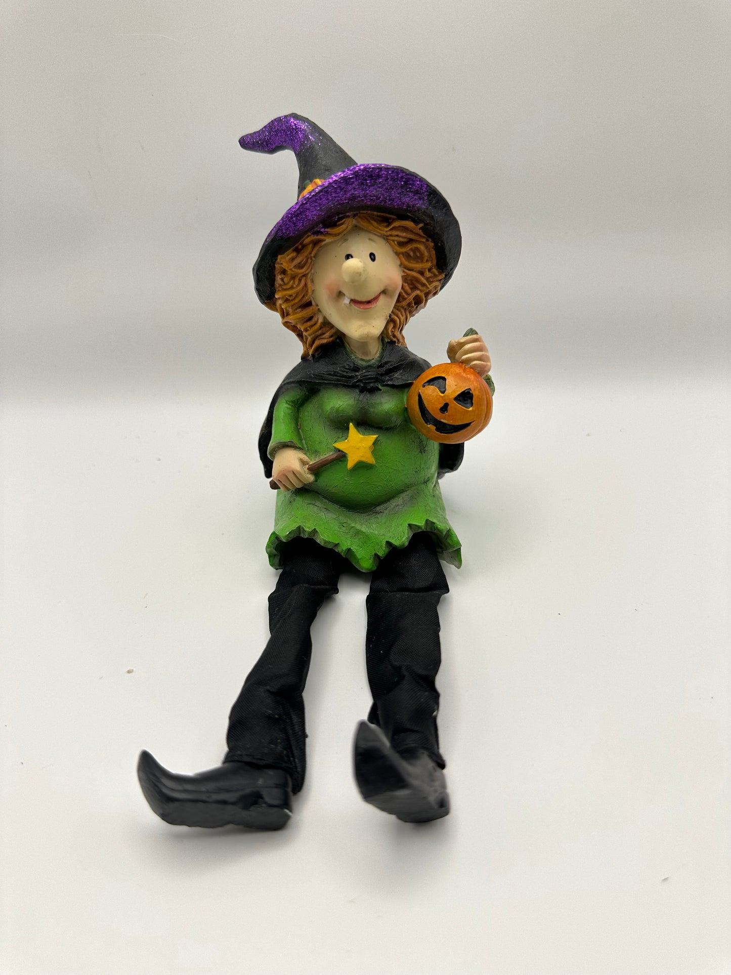 Witch Shelf Sitter with Jack-o-Lantern and Star Wand, Green
