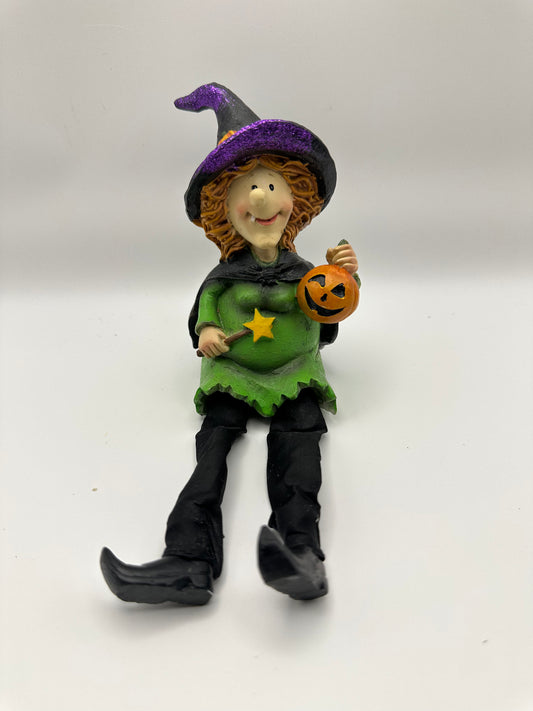 Witch Shelf Sitter with Jack-o-Lantern and Star Wand, Green