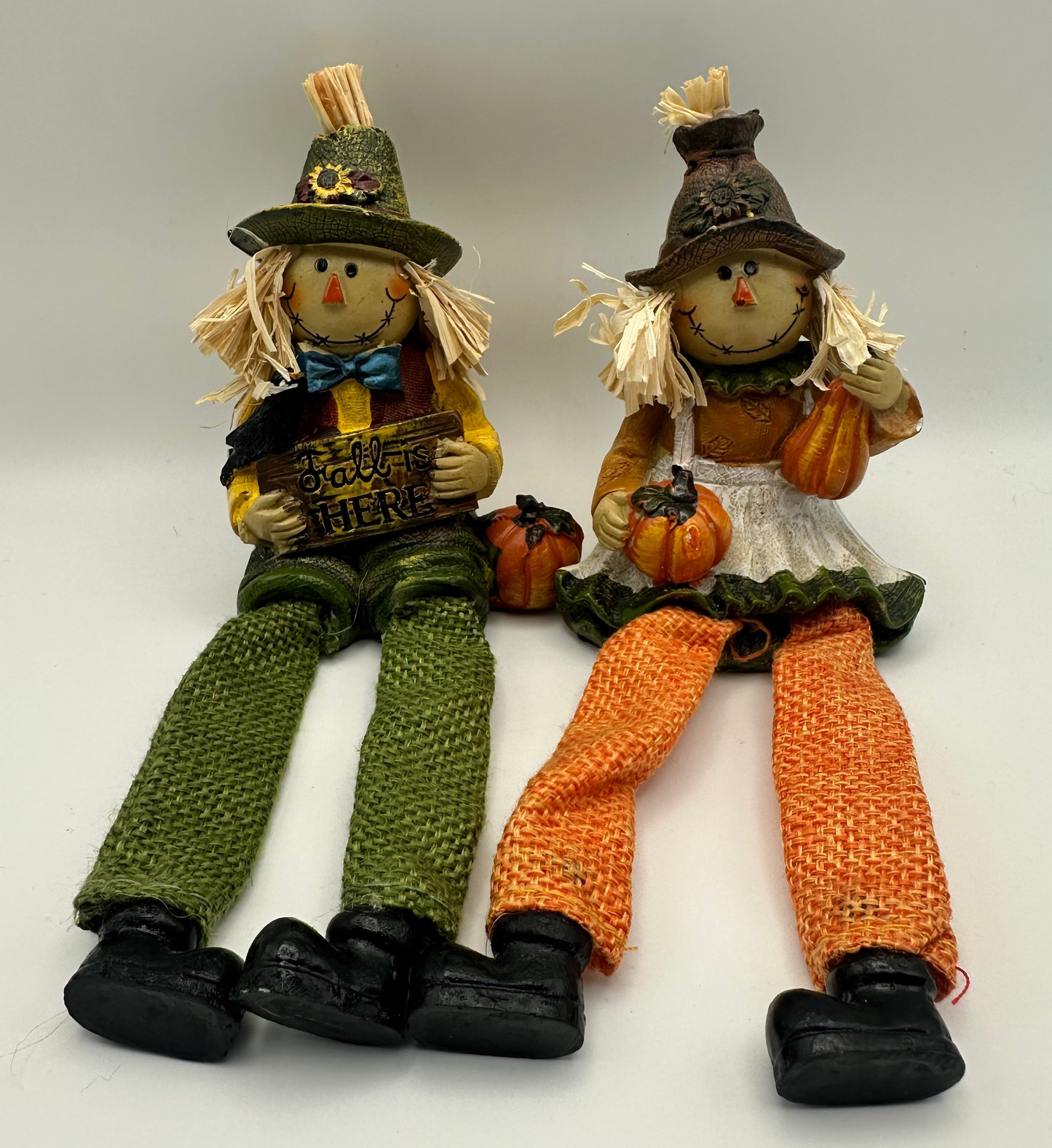 Set of Two Shelf Sitting Scarecrows, "Fall is Here" and Pumpkins