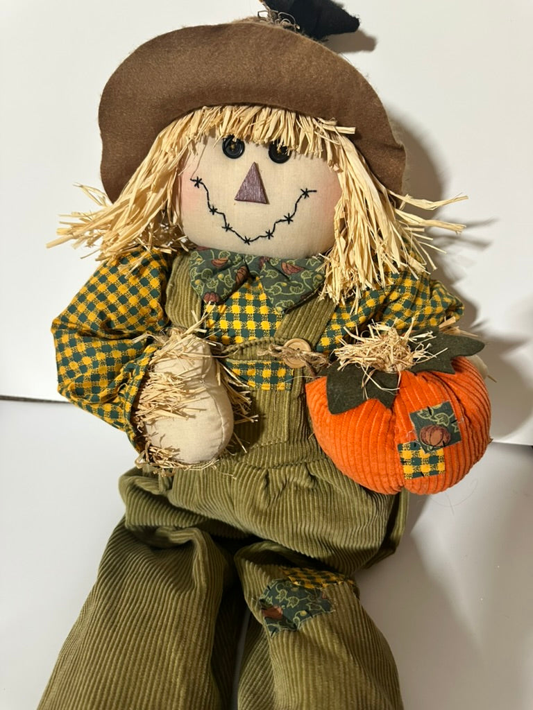 Long Sitting Scarecrow, Corduroy and Pumpkin, Havest, 32" Overall Length