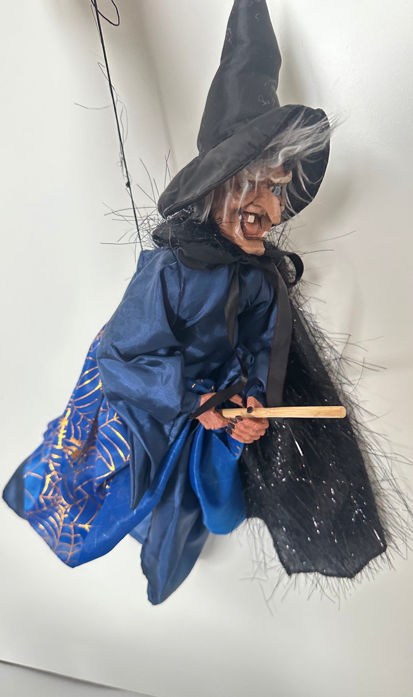 Scary Flying Witch Doll, Blue Dress with Sparkly Black Cape