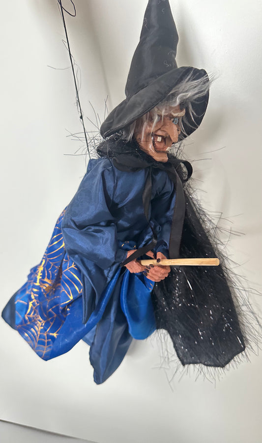 Scary Flying Witch Doll, Blue Dress with Sparkly Black Cape