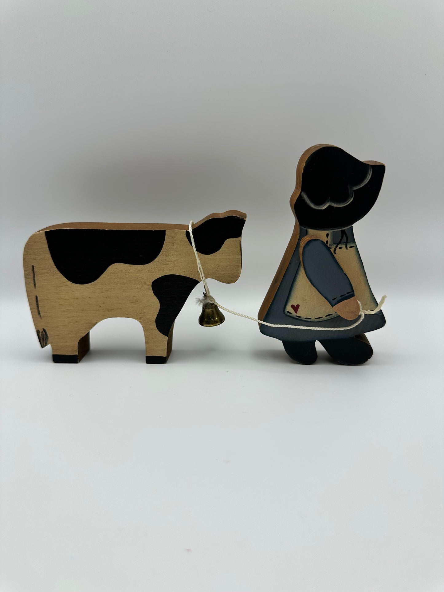 Primitive Amish Girl and Cow Wooden Figurine