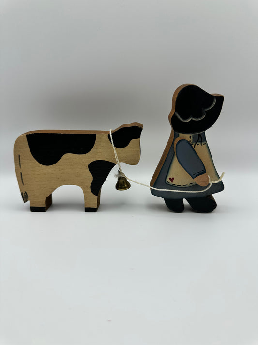 Primitive Amish Girl and Cow Wooden Figurine