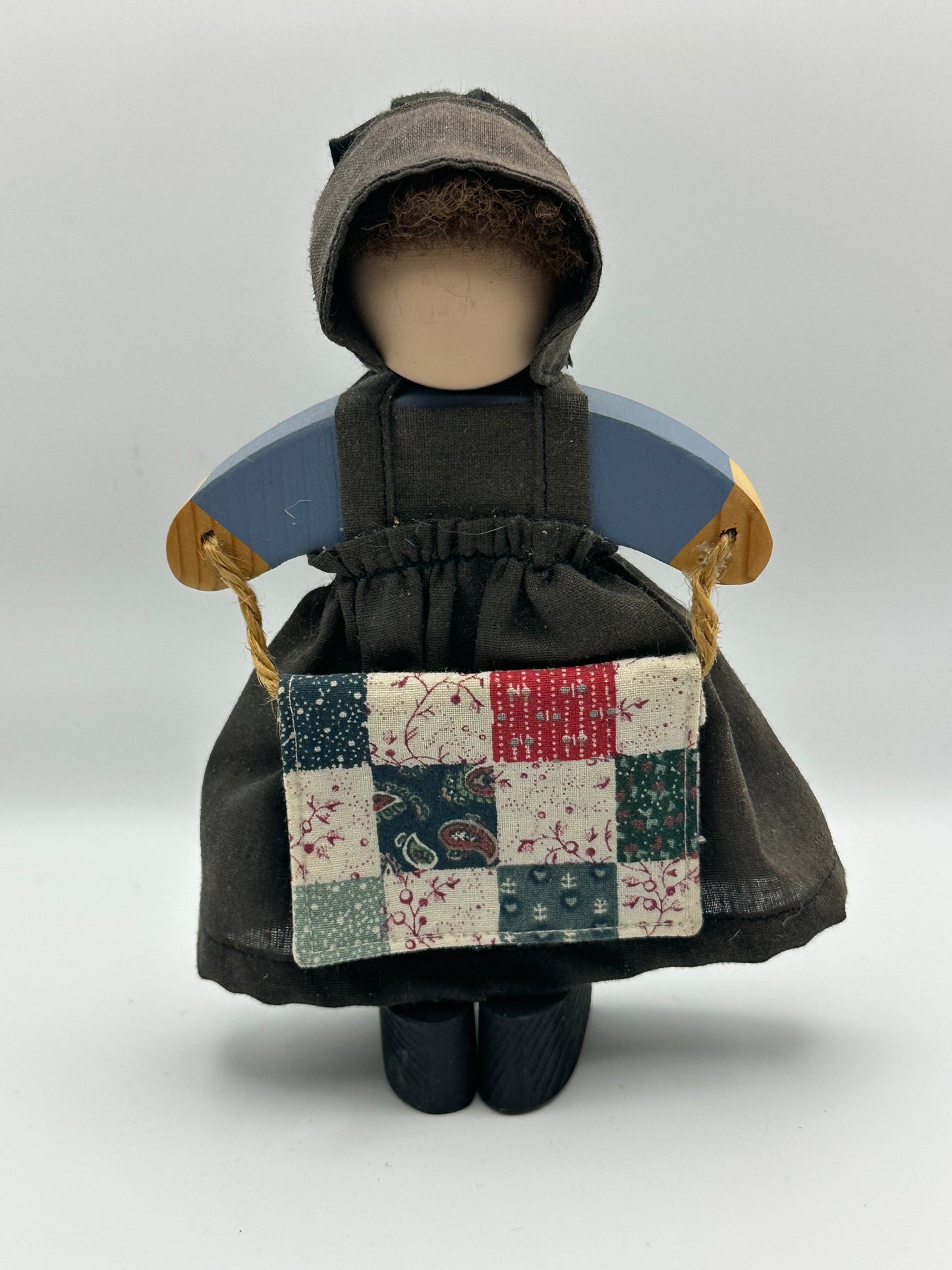 Handcrafted Wooden Amish Doll with Fabric Dress and Patchwork Quilt