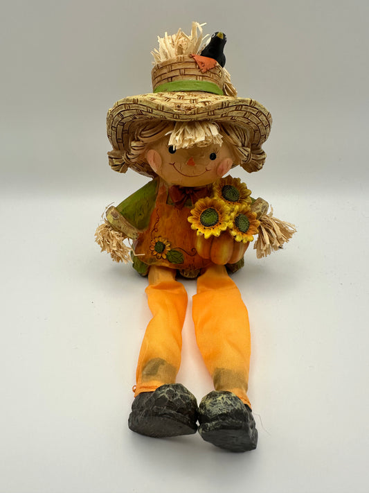 Scarecrow Shelf Sitter, With Pumpkin and Sunflowers, Girl Resin Figurine
