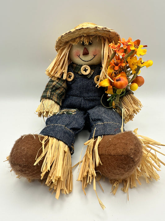Scarecrow with Flowers and Denim Overalls, Fabri