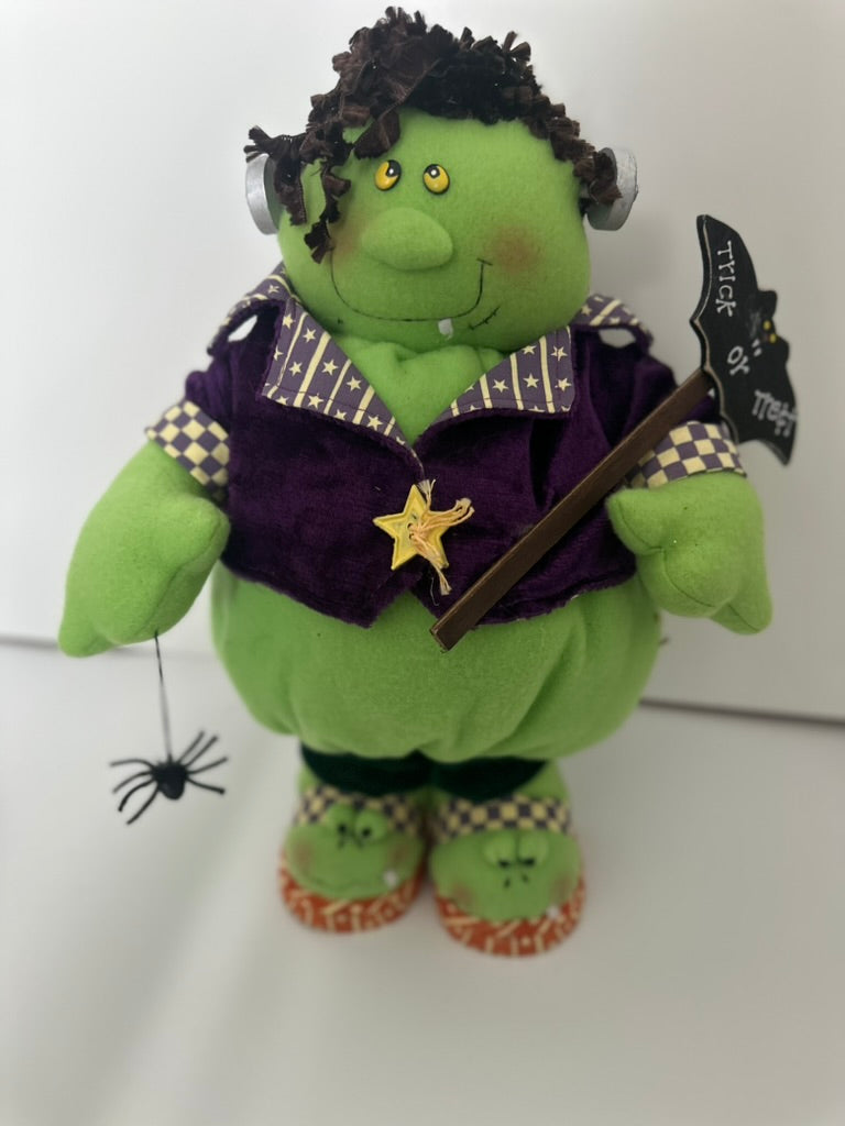 Plush Frankenstein Halloween Doll, Spider and Trick or Treat Sign