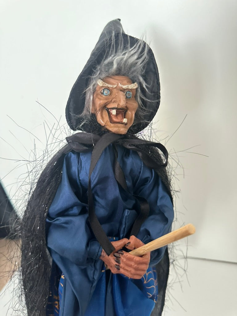 Scary Flying Witch Doll, Blue Dress with Sparkly Black Cape