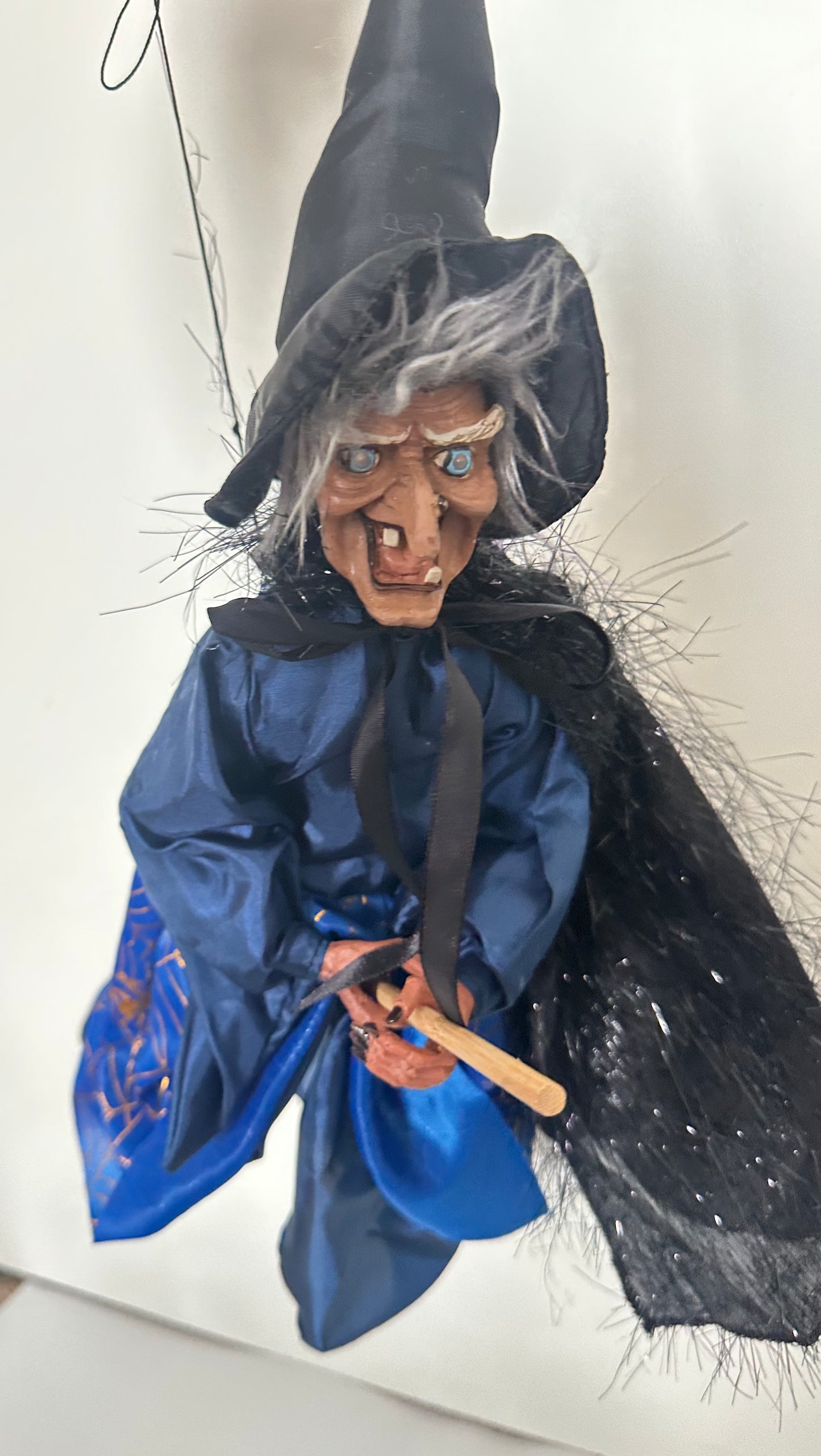 Scary Flying Witch Doll, Blue Dress with Sparkly Black Cape