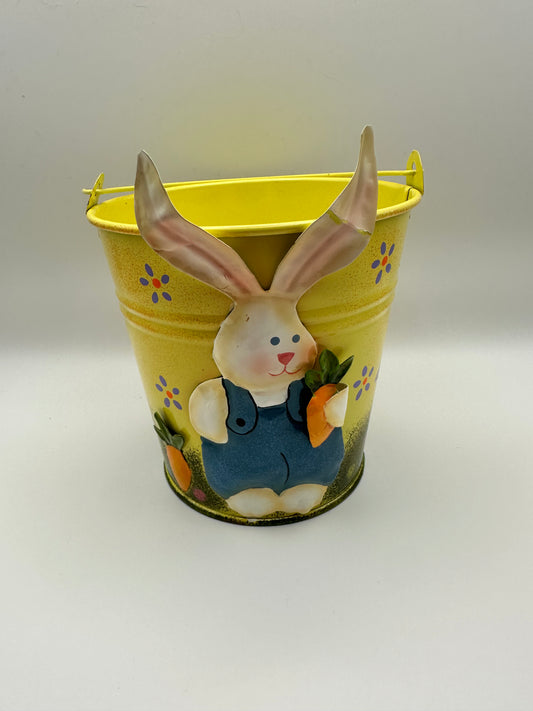 Yellow Metal Easter Bucket with Rabbit