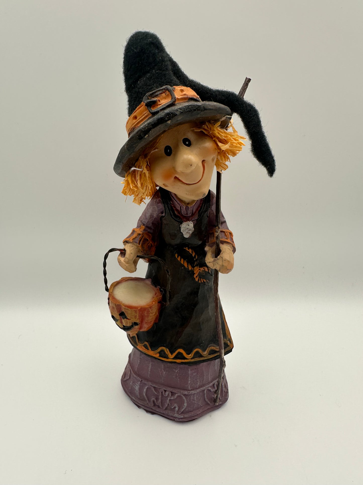 Resin Witch Figurine with Candy Bucket and Wooden Stick