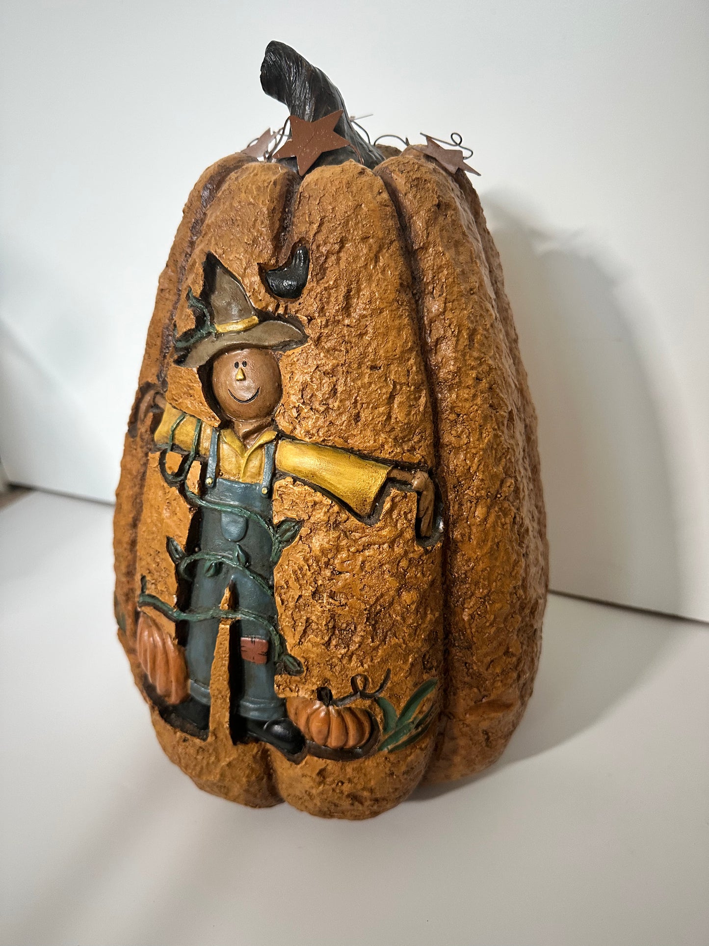 Large Ceramic Pumpkin with Engraved Scarecrow, Metal Stars, 12"H