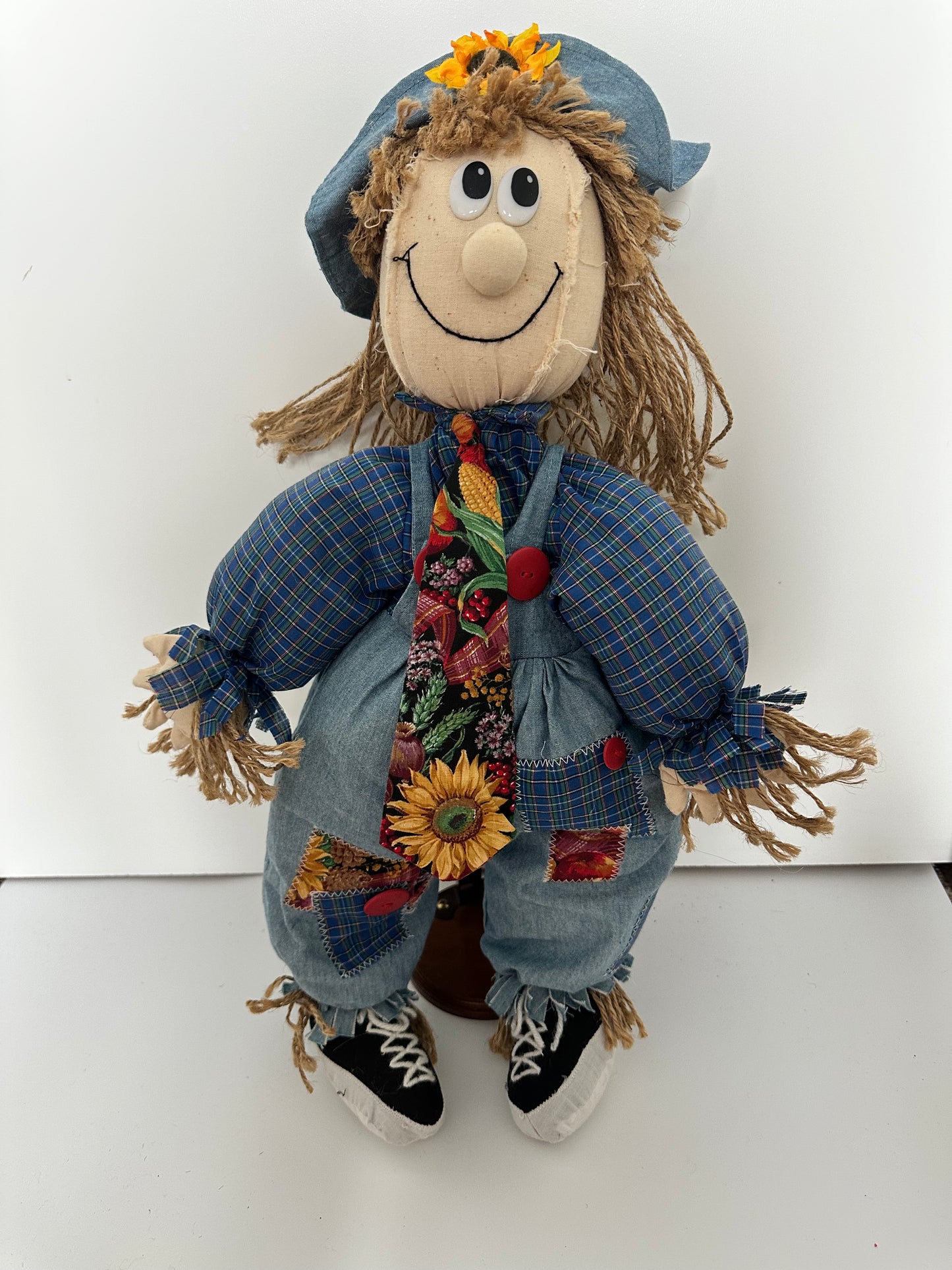 Plush Scarecrow with Floral Tie and Red Plaid Shirt