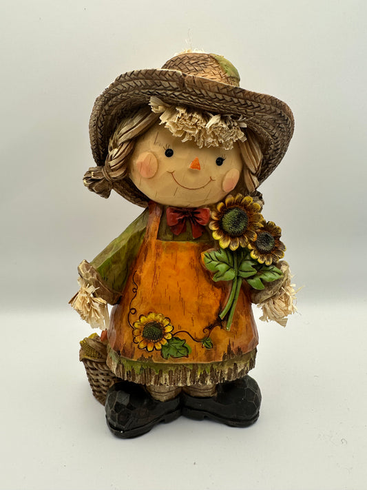 Scarecrow with Sunflowers and Basket of Veggies, Resin Figurine